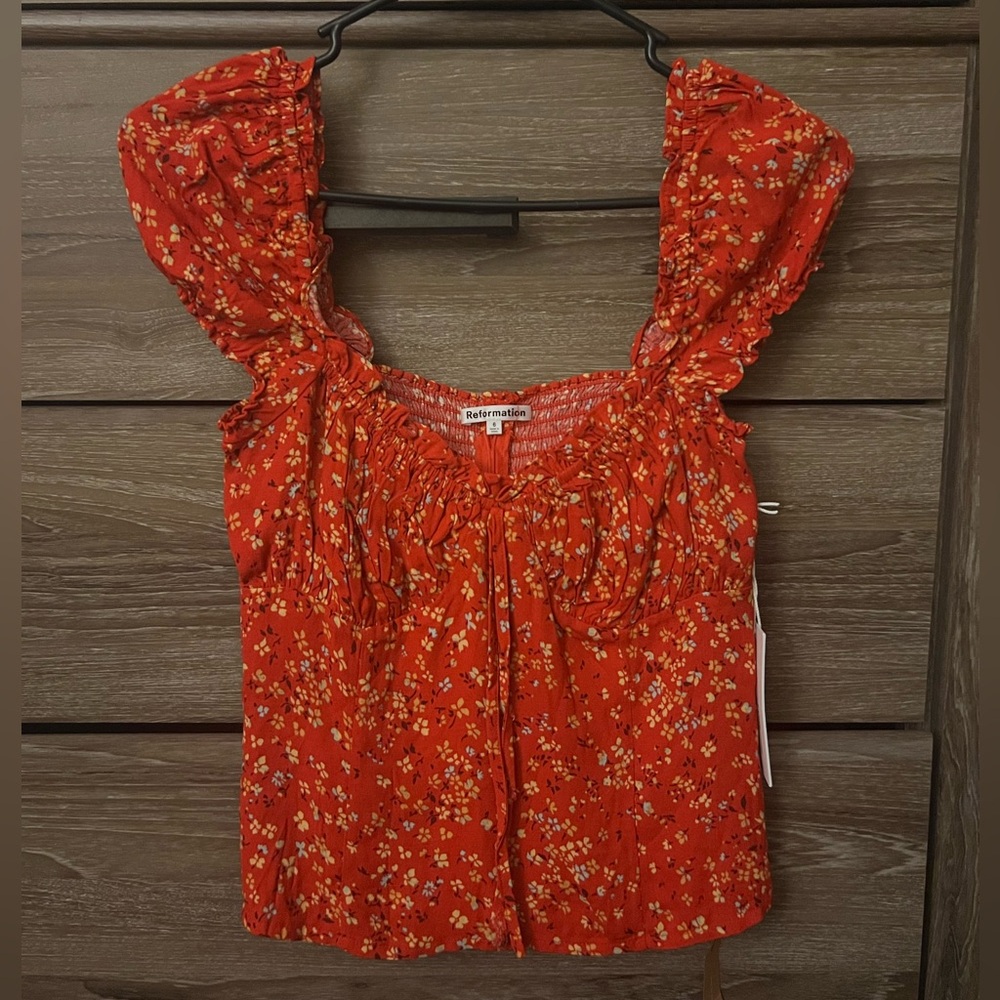 Reformation Orange Smocked Ruffle Cap Sleeve Blouse